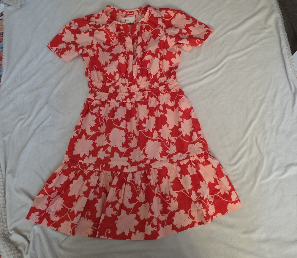 Anthropologie Red and Pink Floral Tiered Short Sleeve Dress